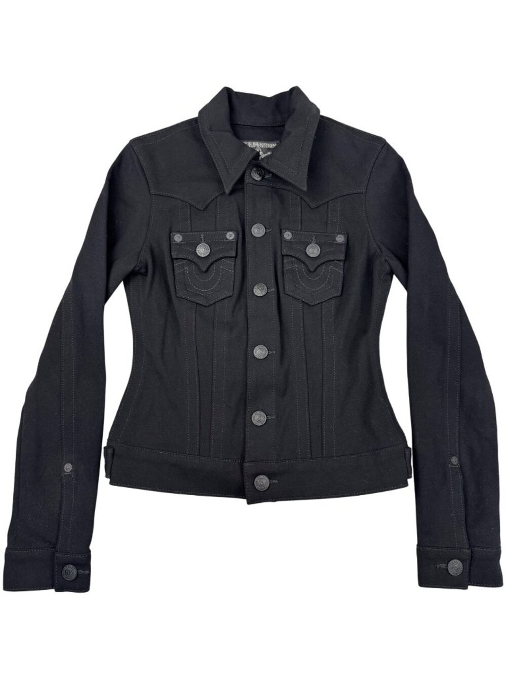 True Religion Womens M Black Stretch Denim Jacket Western Gothic Retro Y2K